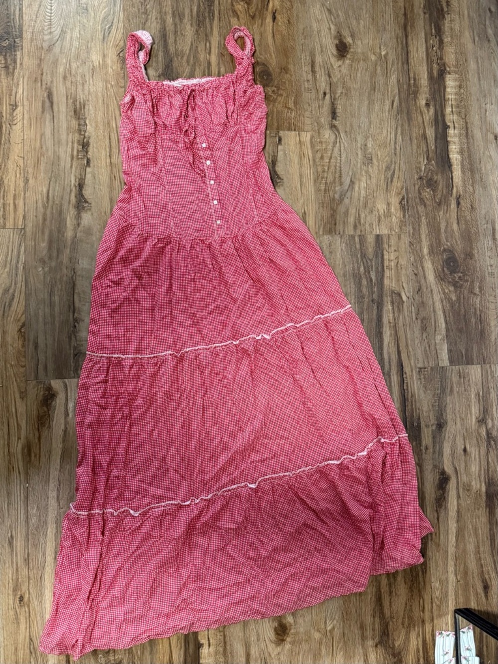 Frankie's Bikinis Red Gingham Tiered Maxi Dress